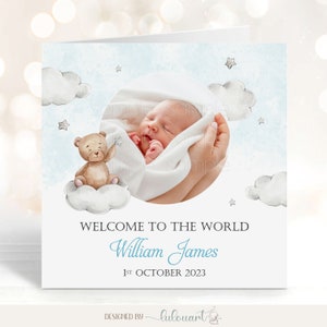 Tarjeta personalizada de Nuevo Bebé. Tarjeta fotográfica de Teddy Bear Baby con nombre, Bienvenido al niño pequeño del mundo, Regalo personalizable de la tía