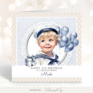 Cartão de terceiro aniversário para neto, filho, sobrinho, cartão de berçário inicial para menino marinheiro, cartão de felicitações exclusivo de feliz terceiro aniversário, 1º, 2º, 4º