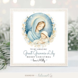 Kerstkaart voor overgrootmoeder, gepersonaliseerde kerstkaart, religieuze kerstgroeten met heilige familie