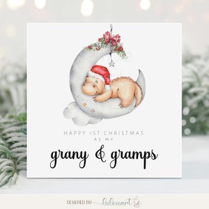 Cartolina di Natale personalizzata, Buon primo Natale come mia nonna e mio nonno, Benedizioni di Natale per i neonati per i nonni, Dino che dorme sulla luna