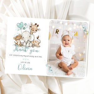 Biglietto di ringraziamento personalizzato per compleanno Safari, biglietto di ringraziamento con foto della giungla per il primo compleanno, tema animali dolci, biglietto di ringraziamento con foto di battesimo