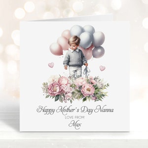 Nanna Moederdag kaart, gepersonaliseerde groeten voor Granie, bloemenkaart jongen met ballonnen, cadeau van kleinzoon, Happy Mothers Day kaart