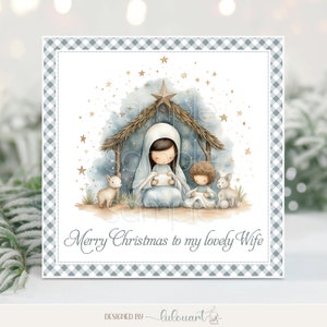 Gepersonaliseerde vrolijke kerstkaart voor vrouw, man, christelijke kerststal op feestelijk decemberbriefpapier