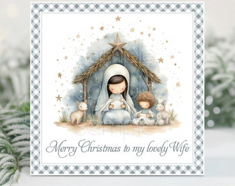 Personalized Merry Christmas card for Wife, Husband, Christian nativity scene on festive December stationery