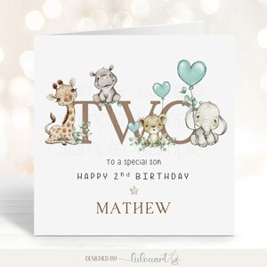 Biglietto personalizzato per il secondo compleanno di Safari per il figlio, auguri di compleanno nella giungla per il nipote, animali dello ZOO Safari in regalo per il 2° compleanno del nipote
