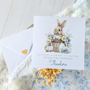 Cartão personalizado de Feliz 1º Páscoa para primo, cartão de coelho da Páscoa para neto, lindo presente para menino, cartão de coelho da Páscoa pastel da avó