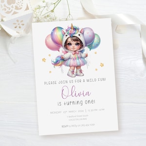 Einhorn-Geburtstagseinladungen, bunte Einhorn-Babyparty-Einladungen, elegante personalisierte Geburtstagseinladungen für Tochter