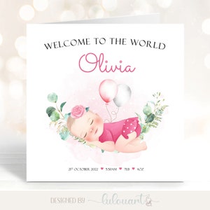 New Baby Girl personalised card, Welcome to the World little Princess, Greetings from Auntie,  Unique family keepsake