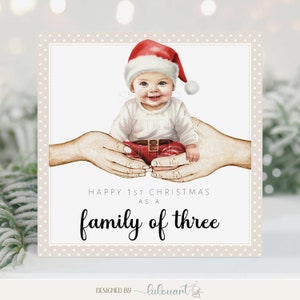 Cartolina di Natale personalizzata per neonati, Primo Natale in famiglia di tre persone, Calorosi auguri per il primo Natale del bambino e ricordo per i nuovi genitori