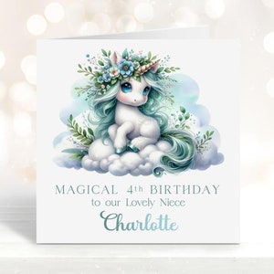 Biglietto di compleanno con unicorno stravagante per la nipote, personalizzato con biglietto di auguri con nome, unicorno fiorito magico, biglietto piegato per il compleanno del bambino