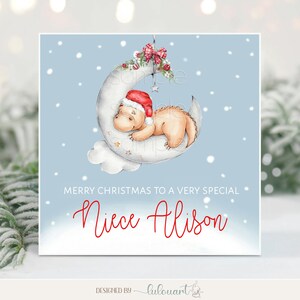 Carte de Noël personnalisée nièce, papeterie en papier de Noël au design élégant et moderne, vœux de Noël de tante, mignon dinosaure festif
