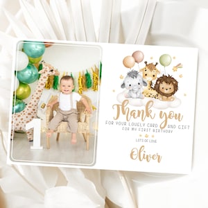 Carte photo de remerciement Safari, notes de remerciement botaniques d'anniversaire avec photographie d'enfant, cadeau de remerciement Jungle 1er anniversaire d'un petit garçon