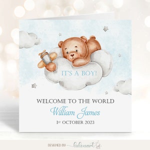 Personalisierte Geburtskarte mit Teddybär auf Wolkenmotiv, anpassbar mit dem Namen des Kindes, Willkommen in der Welt, kleines Geschenk für Jungen