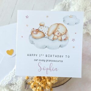 Carte d'anniversaire personnalisée pour petite-fille, adorable lapin endormi sur un nuage, souvenir fait main pour bébé fille, carte pour un jour spécial