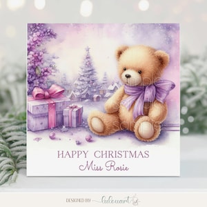Jolie carte de Noël de crèche pour l’enseignant, cadeau personnalisé pour l’assistant enseignant, carte de vœux de Noël du personnel de l’école primaire, ours en peluche du Père Noël