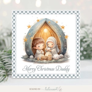 Personalised Christmas card, Merry Christmas Daddy, Christian religious Nativity scene, Mother Mary with Joseph in sheep shed
