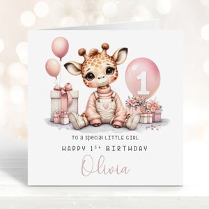 Carte de joyeux 1er anniversaire pour fille, carte d’anniversaire fantaisiste personnalisée avec une girafe mignonne, papeterie de nom personnalisée