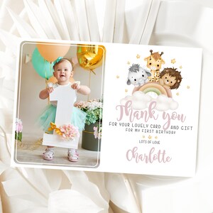 Carte photo de remerciement botanique d'anniversaire, notes de remerciement Safari avec photographie d'enfant, cadeau de remerciement Jungle 1er anniversaire d'une petite fille