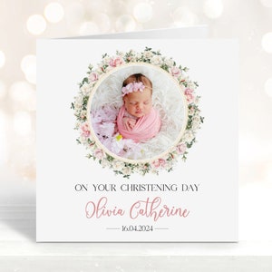 Biglietto di battesimo personalizzato, biglietto di battesimo floreale con la foto del tuo bambino, biglietto di auguri per la nipote figlioccia, regalo per il giorno dell'assegnazione del nome dal padrino