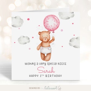 Carte personnalisée Joyeux 1er anniversaire pour nièce, carte bébé ours en peluche pour fille de maman et papa, cadeau TOUTES RELATIONS