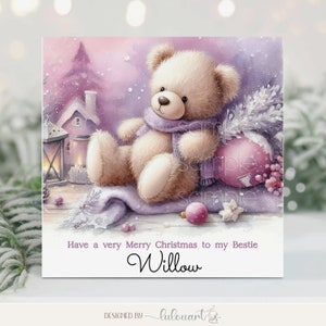 Tarjeta personalizada de feliz Navidad para el mejor amigo de la escuela, personalizada con nombre, linda tarjeta de Navidad con Santa Teddy Bear, tarjeta dulce para Bestie