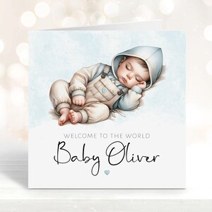 Nouvelle carte personnalisée pour bébé garçon, carte Bienvenue dans le monde, personnalisée avec nom et message intérieur gratuit, carte de félicitations pour nouveau-né