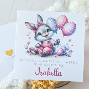 Cartão de Páscoa personalizado para uma menina, primeira filha da Páscoa, cartão de nome de coelho com balões, presente da tia, tio, avó, cartão de coelho da Páscoa