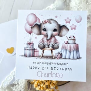 Personalisierte 2. Geburtstagskarte Mädchen, Geburtstagsgruß für Enkelin, Süßer rosa Baby Elefant, personalisiertes Andenken für Kleinkinder