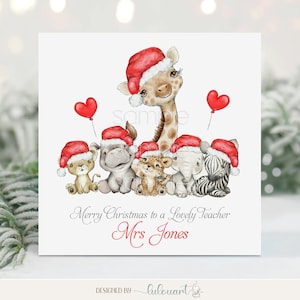 Tarjeta de Navidad personalizada de la guardería para el maestro, tarjeta de agradecimiento de Navidad preescolar, animales Safari con sombreros de Papá Noel, papelería de estilo minimalista