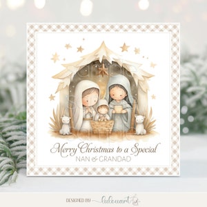 Grootouders kerstkaart met christelijk kerststalmotief, charmant briefpapier voor oma en opa, gepersonaliseerde warme wensen en zegeningen