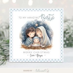 Para Bestie cartão de Natal totalmente personalizado com o Menino Jesus, bênçãos de feriado cristão para uma pessoa religiosa, presépio de véspera de Natal