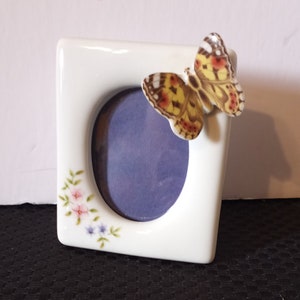 Vintage Porcelain Picture Frame: Butterfly & Hand-Painted Flowers, Made in Japan