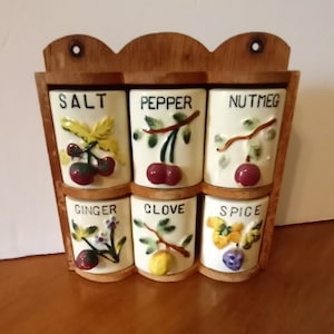 Vtg Ceramic Spice Shaker Containers in Wood Rack, with Handpainted Embossed and Applied 3D Fruit on Fronts, Made in Japan, 1950s -60s