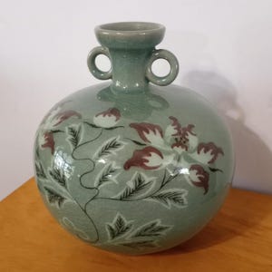 Antique Korean Celadon Vase: Wine Red Floral Design, Goryeo Style (1920s-40s)