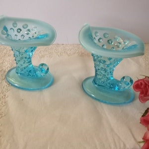 Vintage Fenton Blue Opalescent Hobnail Cornucopia Candlestick Holders, Pair