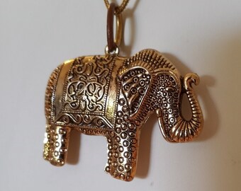 Thai Elephant Pendant Necklace, Goldfill & Goldtone Filigree Style Detail, Long 27" Goldfill Chain, Artisan Made in Thailand, 1980s Chain,