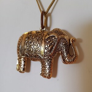 Thai Elephant Pendant Necklace, Goldfill & Goldtone Filigree Style Detail, Long 27 Goldfill Chain, Artisan Made in Thailand, 1980s Chain, image 1