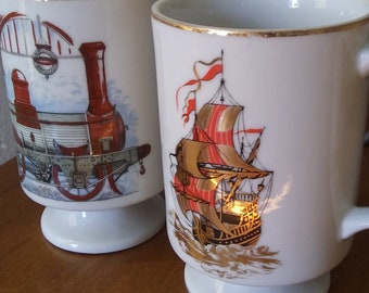 Set of 2 Vtg Porcelain Japanese Transportation Coffee Mugs, Tea Cups, Trade Ship & Steam Engine Train, Handpainted, 22K Gold Accents, 1980s