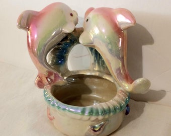 Vtg Kitschy Iridescent Lustreware Ceramic Pink Dolphins on Trinket Bowl, Vanity Dish, Mini Planter. Beach Decor, Bath Decor, Taiwan? 1960s