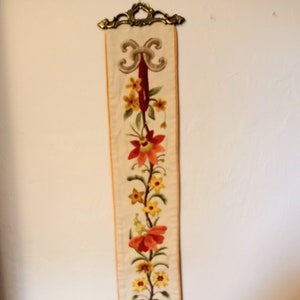 Vintage Crewel Embroidered Linen Tapestry: 1970s Floral Bell Pull