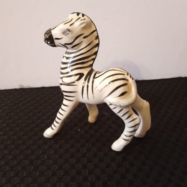 Vtg MCM Hand-painted Ceramic Baby Zebra Figurine with Clear Rhinestone Eyes, Rare Design. 4" Tall, 3.5" Long, Made in Japan, 1950s- 60s