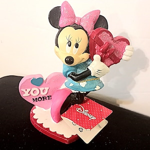 Vtg Disney Minnie Mouse Love You More Heart Resin Figurine with Glittery Hearts & Accents New Old Stock Original Tag New Condition Disneyana
