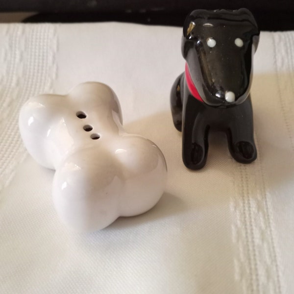 Vtg Black Dog and His Bone Ceramic Salt and Pepper Shaker Set, 1990s