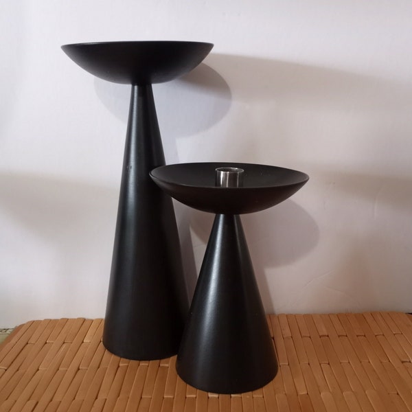 Vtg IKEA Set of 2 Graduated Scandanavian Turned Wood Matte Black Taper Candle Holders, Scandanavian Decor, Made in Sweden, 1980s -90s