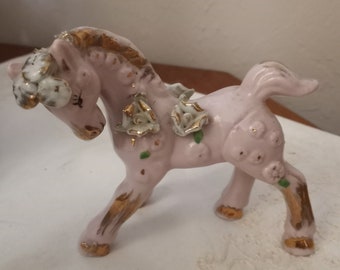 Vtg Midcentury Young Horse Figurine, Pink and Gold with White Roses and Flowers, Anthropomorphic Style, Rare, Japan 1950s