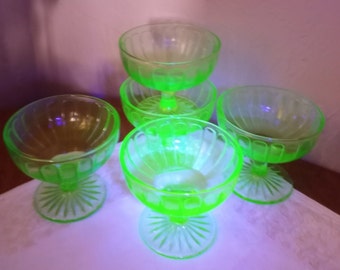 Antique Hazel Atlas Set of 5 Uranium Glass Sherbet, Custard, Dessert Dishes, Green Depression Glass, Glows Under Black Light, 1920s-30s