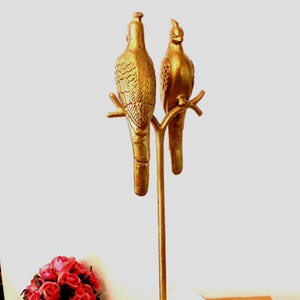 Vtg Cockatiel Parrots Pair on 20" Tall Tree Branch Sculpture, 22K Gold Gilded Cast Bronze Brass Alloy with Italian White Marble Base 1980s