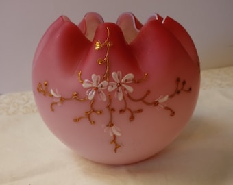 Antique Mt Washington Victorian Hand-blown, Painted Rose Bowl Vase, Peachblow, Pink, Rose Satin Glass, White Enamel Flowers, 22K Gold; 1800s