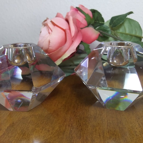 Vtg Cartier Signed Designer Faceted Finest Lead Crystal Taper Candlestick Romantic Table Setting, Luxury 1990s