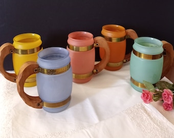 Set of 5 MCM Siesta Ware Frosted Glass Beer Mugs: Wood Handles, Brass Bands